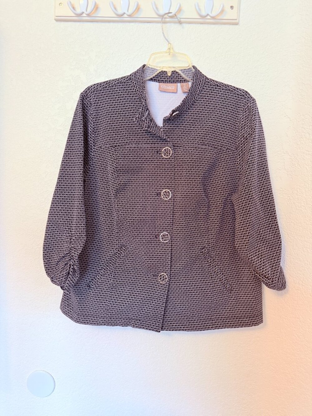 Chico's Black/White Print 3/4 Sleeve Jacket Womens Size 2 (12-14) Officecore CEO - Picture 11 of 12